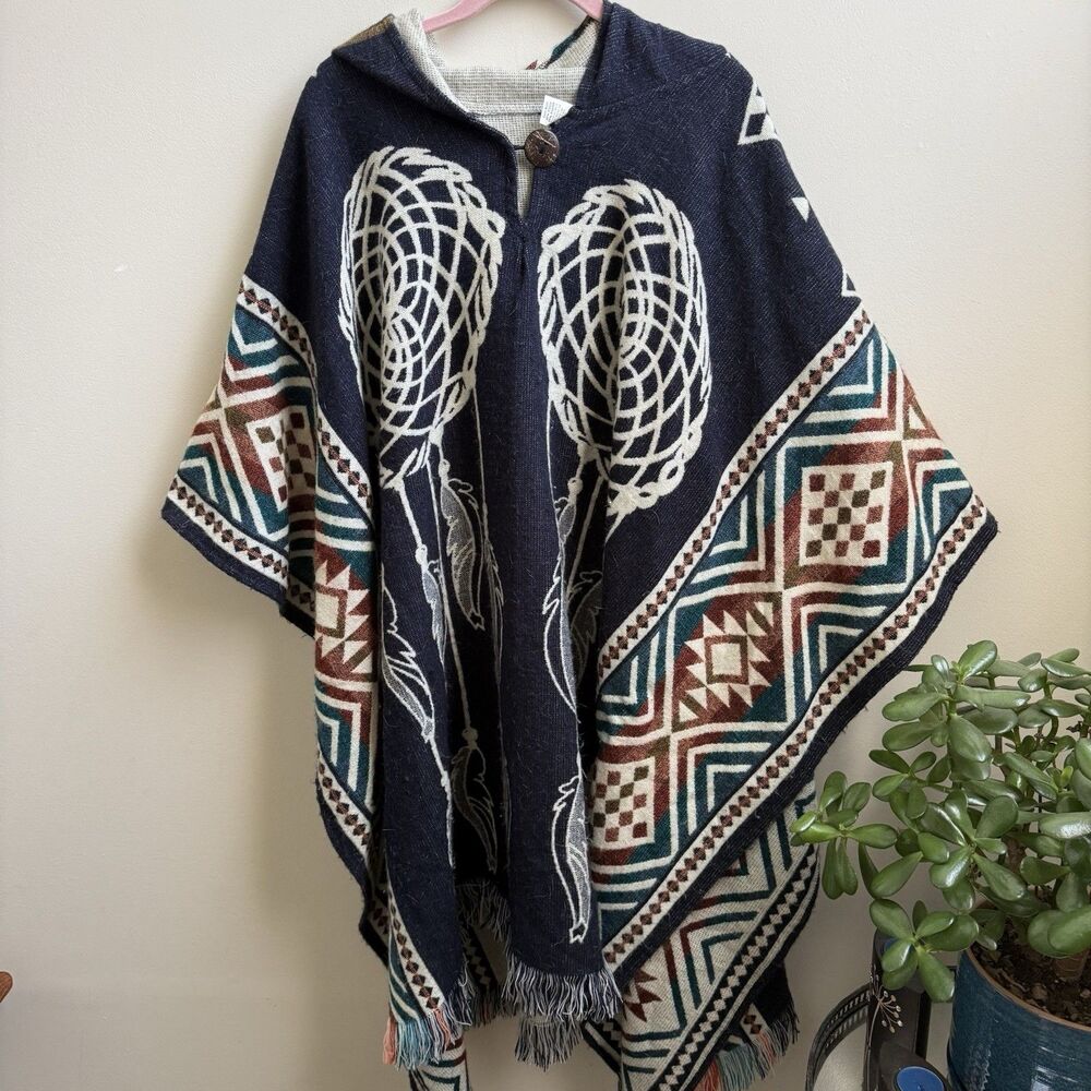 Dreamcatcher Southwest Soft Alpaca wool Hooded Poncho Boho Fringed